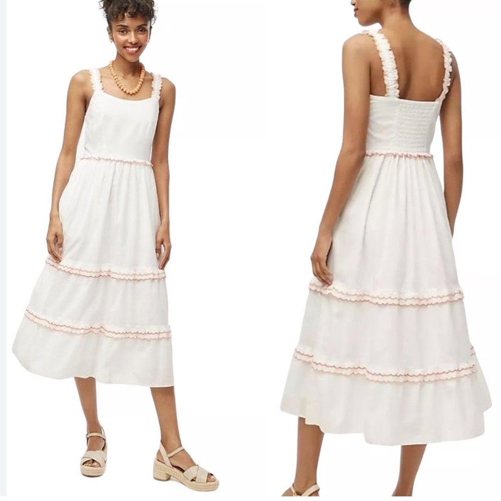NWT J.Crew Factory White Scalloped-trim Tiered Midi Dress Sz 0 Broken Zipper